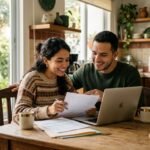 Pareja organizando juntos las finanzas familiares en casa