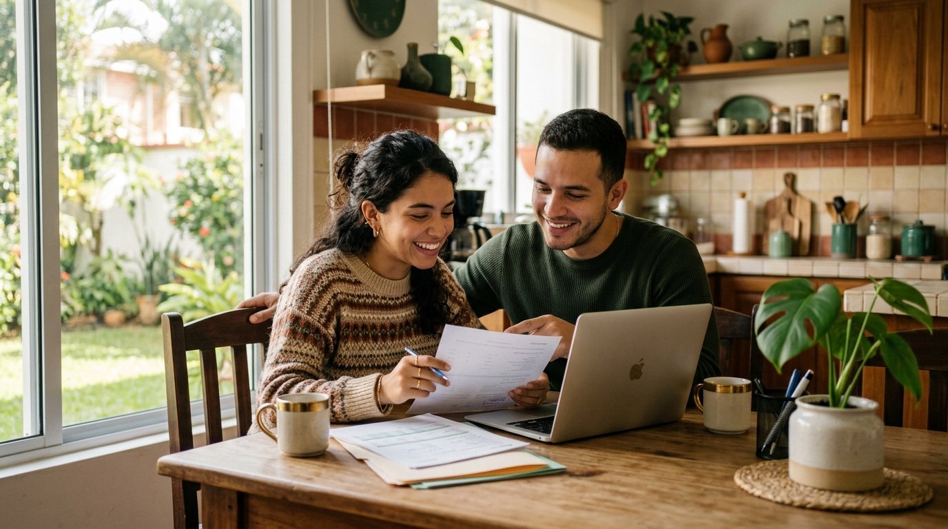 Pareja organizando juntos las finanzas familiares en casa