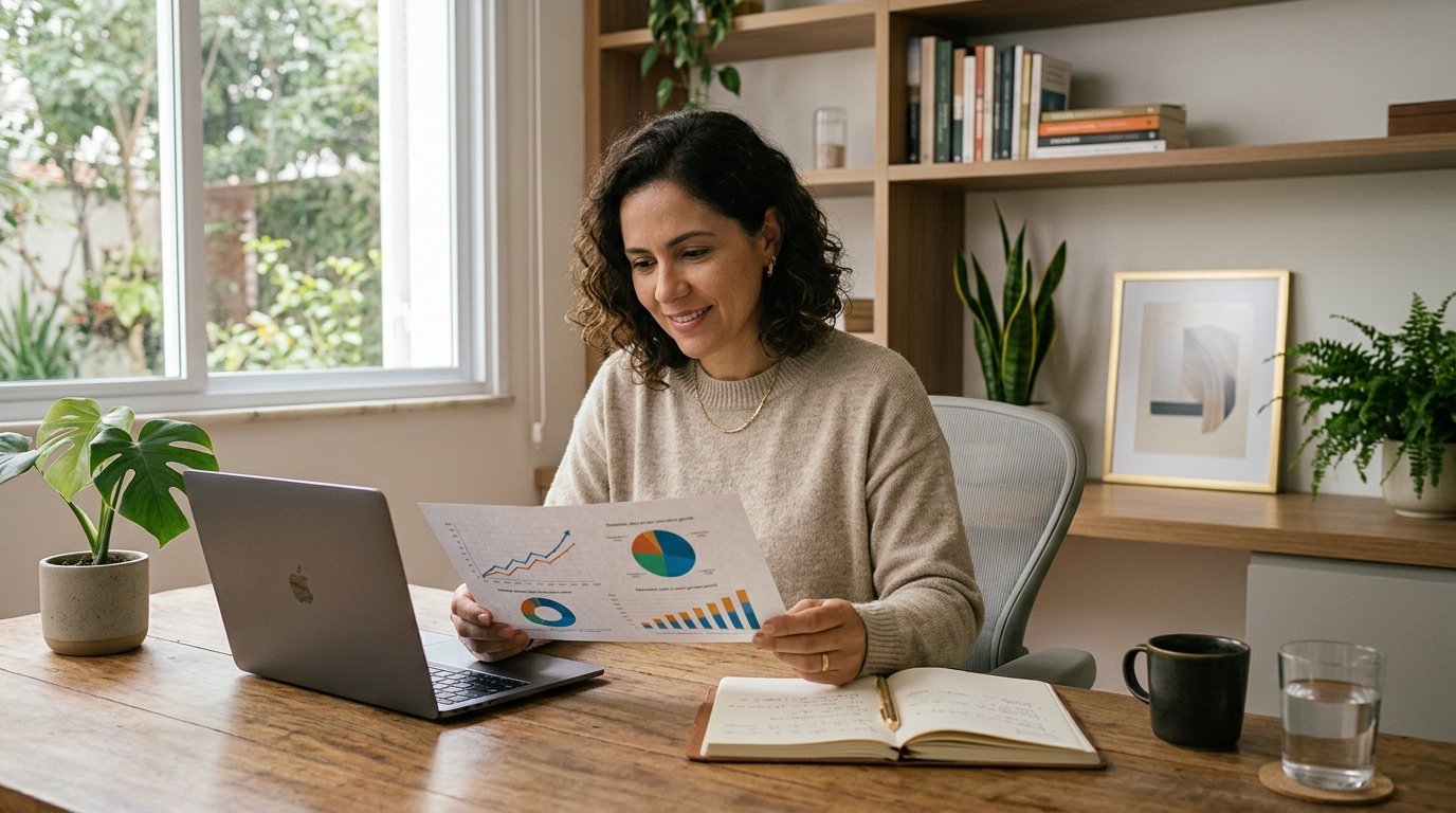 Mujer revisando gráficas de sus inversiones para planear sus ingresos pasivos