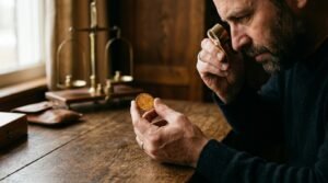 Persona examinando una moneda de oro antes de invertir"