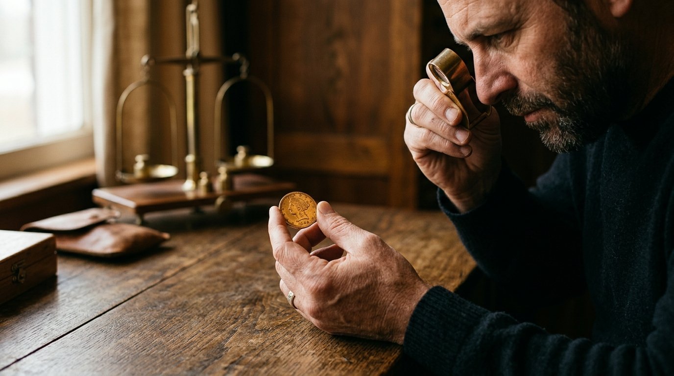 Persona examinando una moneda de oro antes de invertir"