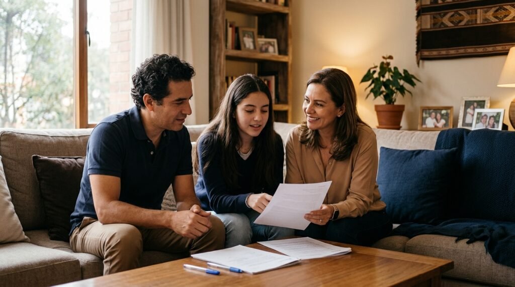 Familia conversando sobre la existencia de su seguro de vida asociado al crédito"