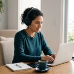 Persona trabajando de forma remota desde casa con laptop"