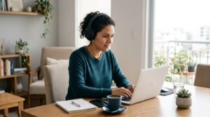 Persona trabajando de forma remota desde casa con laptop"