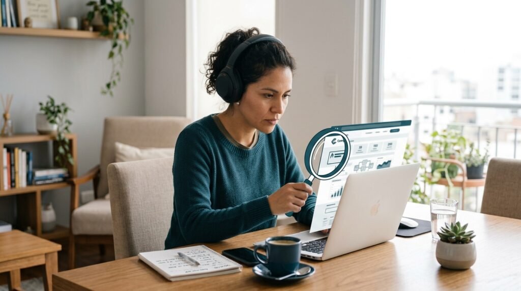 Persona verificando la legitimidad de una empresa antes de aceptar un trabajo remoto"