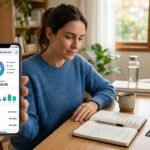 "Mujer revisando una app para controlar gastos en su celular"