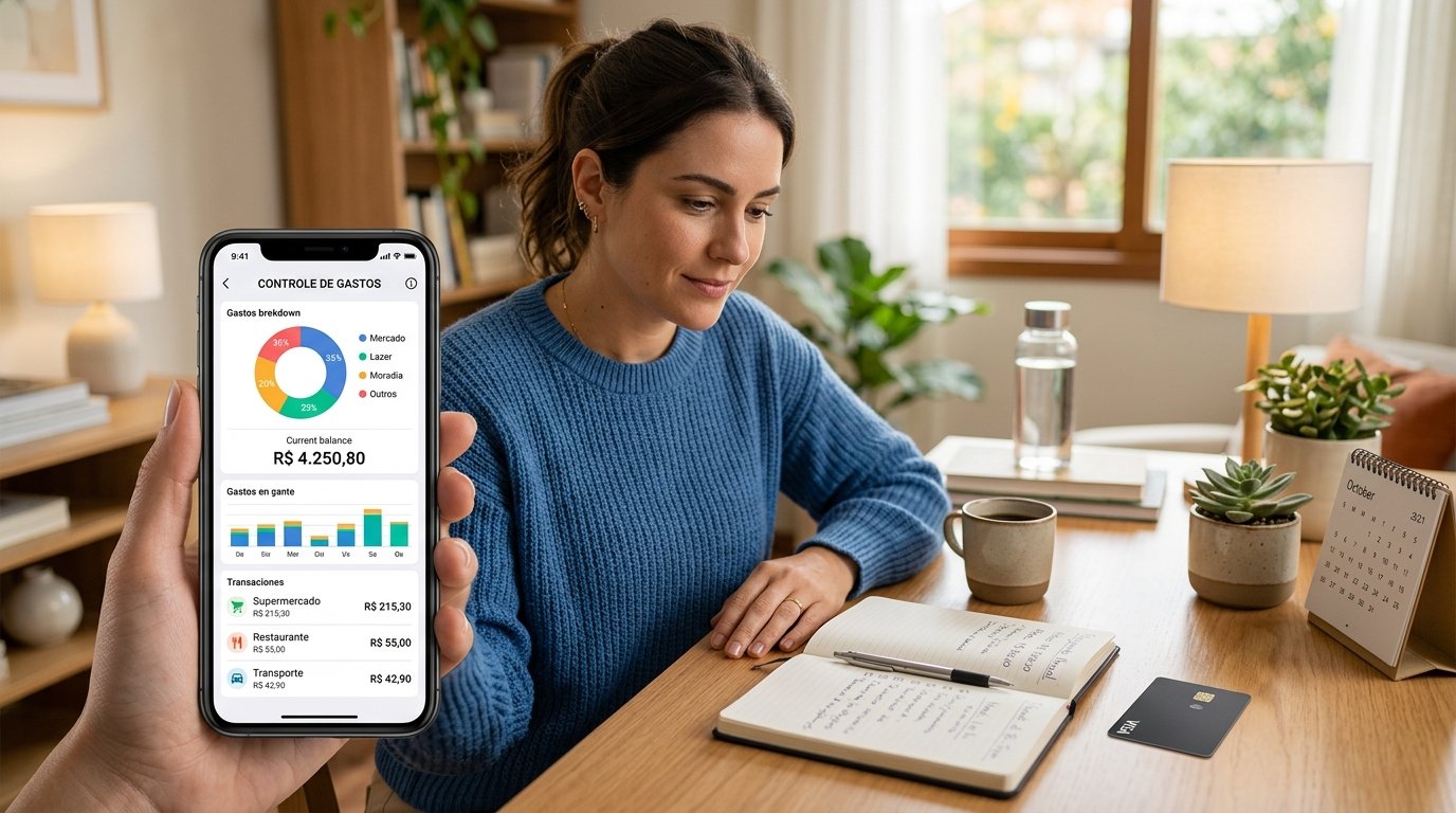 "Mujer revisando una app para controlar gastos en su celular"