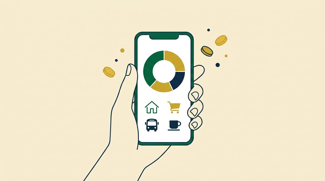 Celular con una app para controlar gastos mostrando gastos por categoría