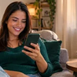 Mujer sonriendo mientras revisa su ahorro en el celular