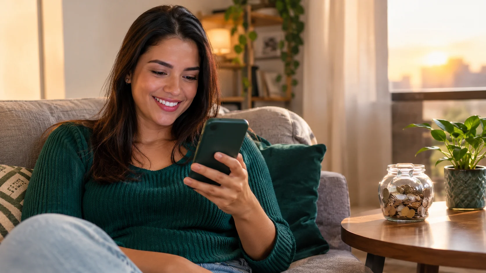 Mujer sonriendo mientras revisa su ahorro en el celular