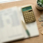Calculadora, monedas y cuaderno de presupuesto sobre una mesa