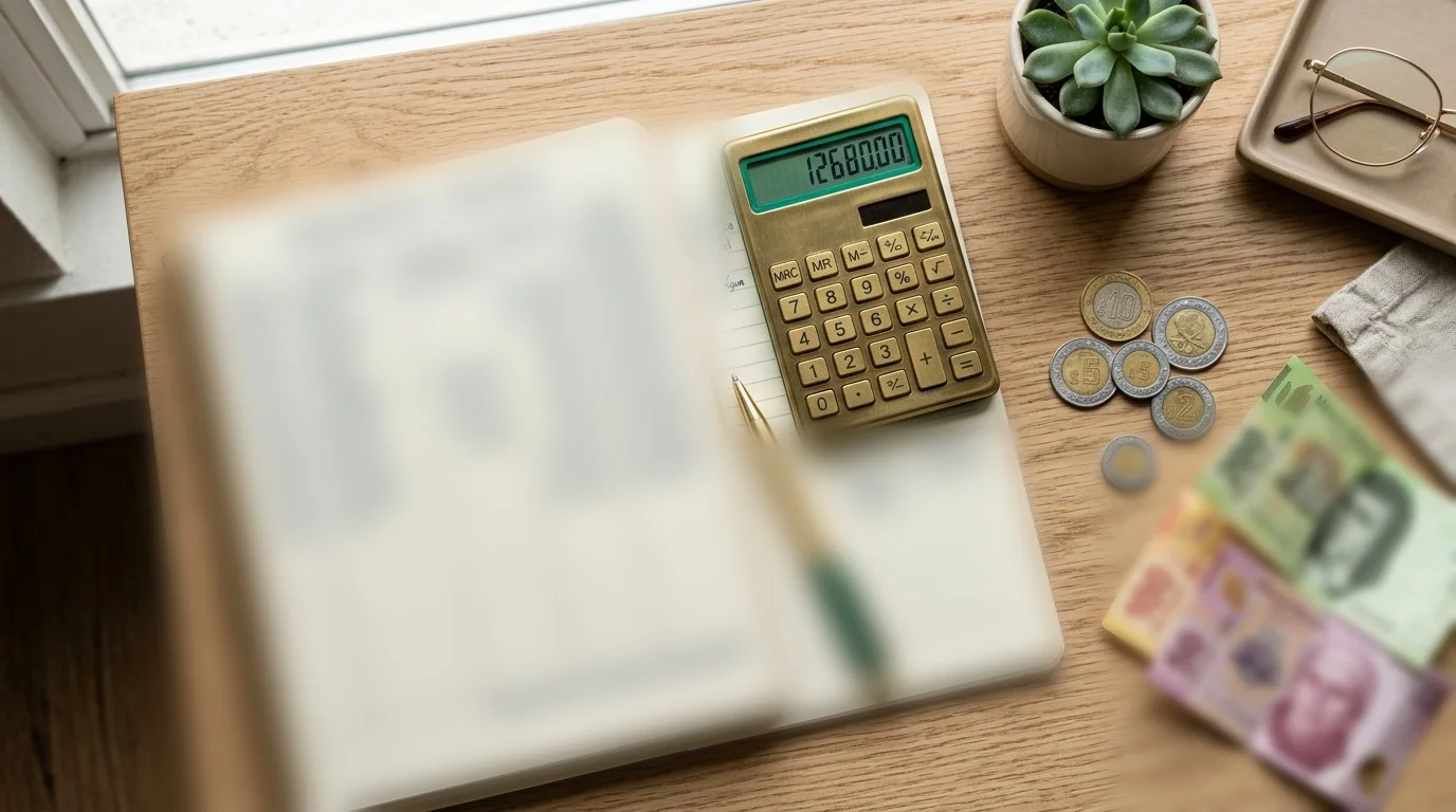 Calculadora, monedas y cuaderno de presupuesto sobre una mesa