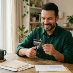 Hombre cortando una tarjeta de crédito para salir de deudas