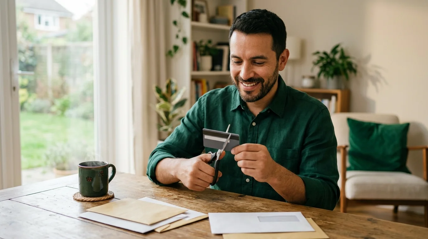 Hombre cortando una tarjeta de crédito para salir de deudas