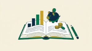 Libro abierto con iconos de ahorro e inversión que representan la educación financiera