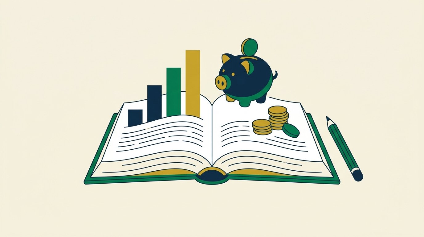 Libro abierto con iconos de ahorro e inversión que representan la educación financiera