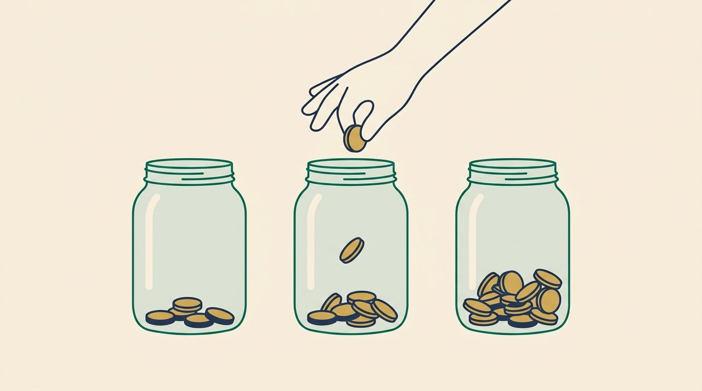 Niño ahorrando monedas en frascos para aprender a manejar dinero