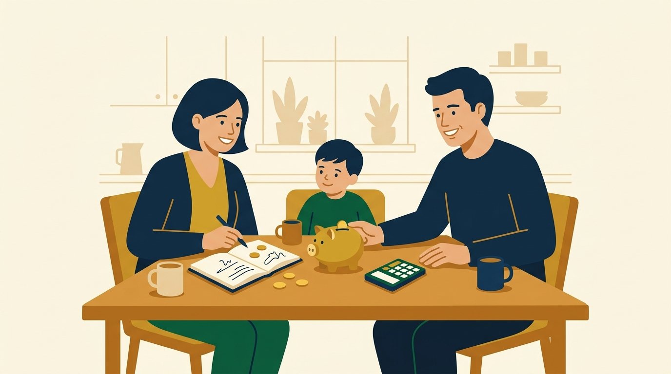 Familia organizando sus finanzas familiares en la mesa