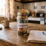 Frasco de vidrio con billetes y monedas etiquetado "Emergencias" sobre una mesa de cocina