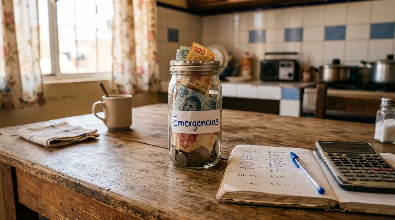 Frasco de vidrio con billetes y monedas etiquetado "Emergencias" sobre una mesa de cocina