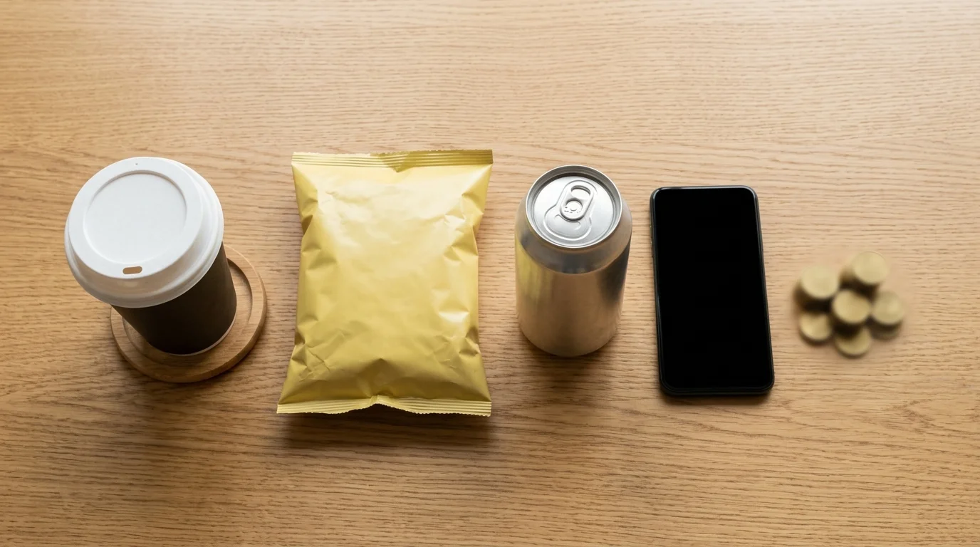 Gastos hormiga diarios como café y snacks junto a monedas