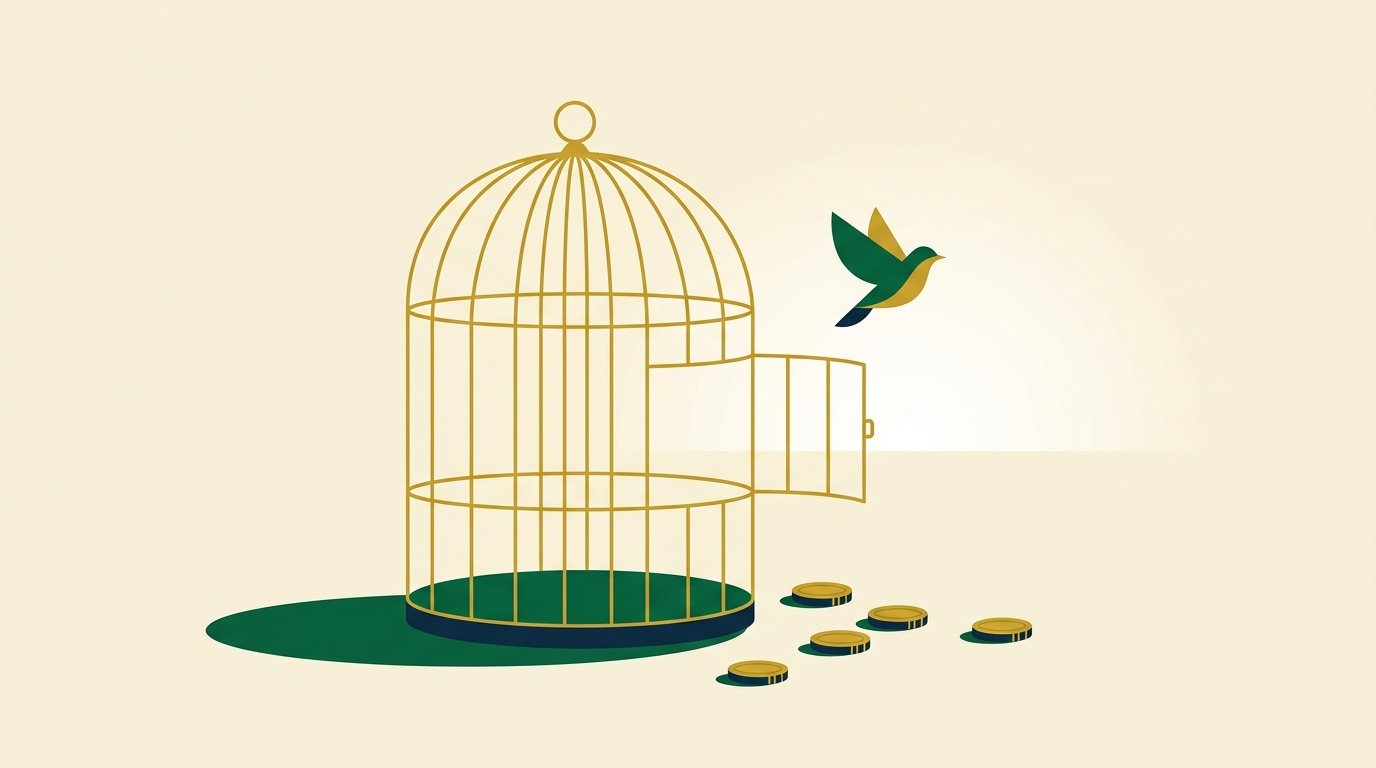 Pájaro saliendo de una jaula como símbolo de libertad financiera