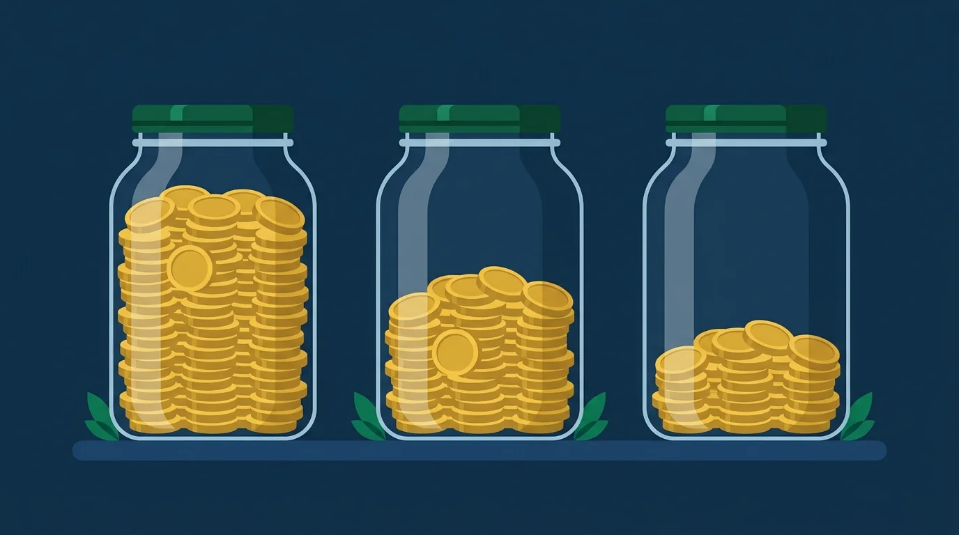 Tres frascos con monedas que representan la regla 50/30/20 del presupuesto